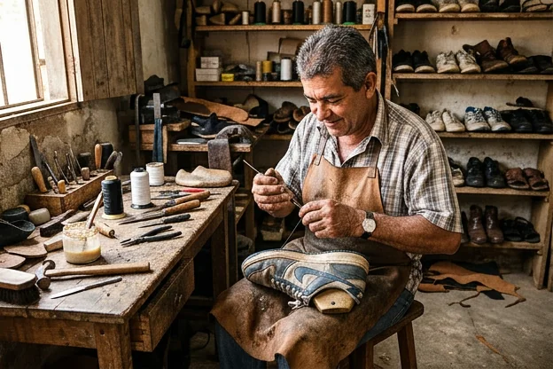 Sapateiro reparando um tênis.
