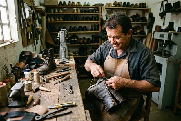Sapateiro consertando o zíper de uma bota.