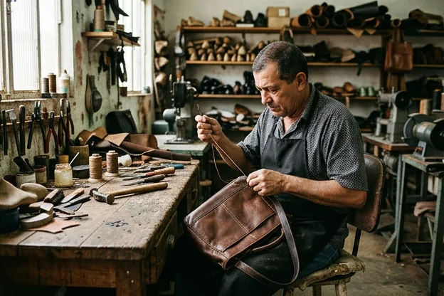 Sapateiro reformando uma bolsa de couro.